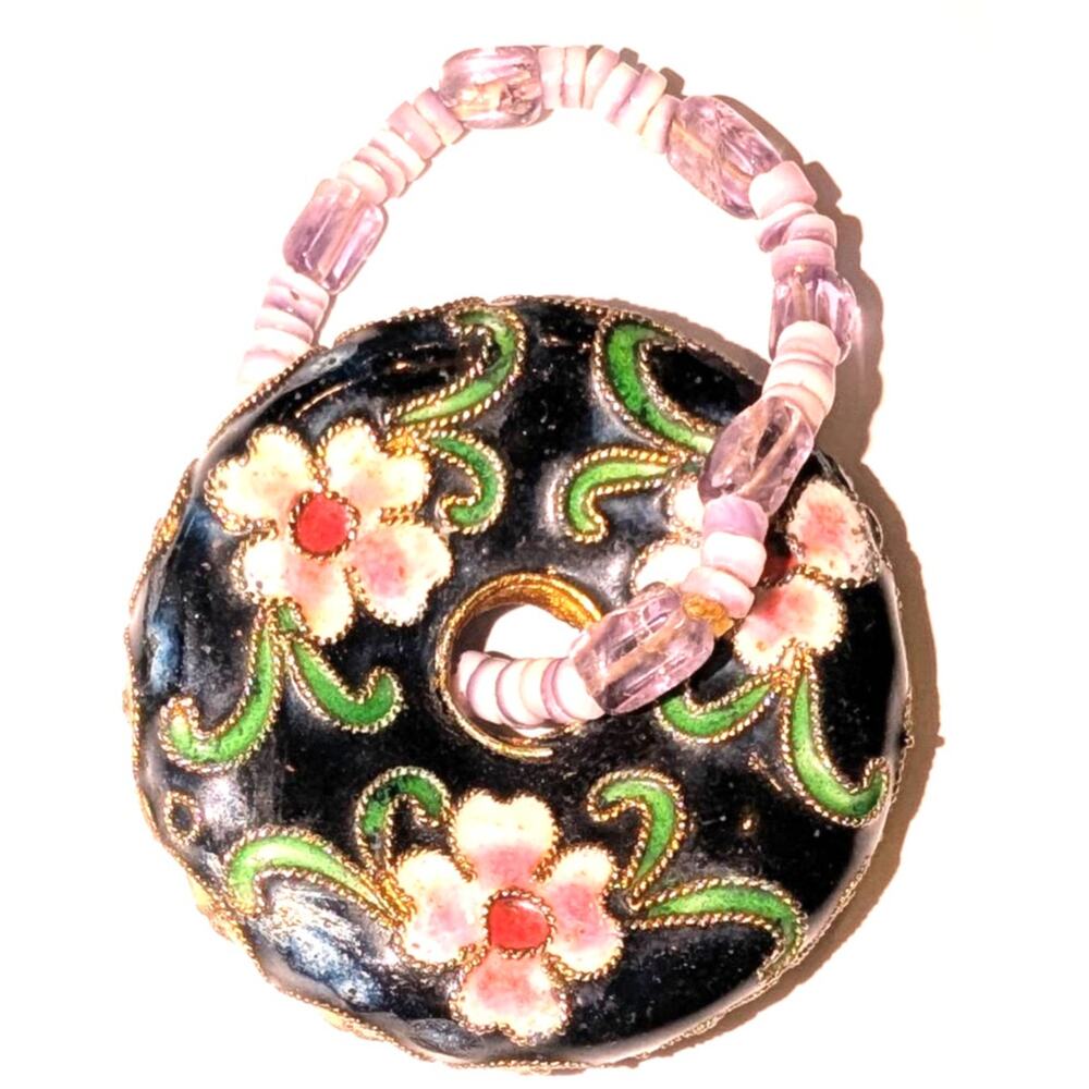 Vintage Cloisonne Floral Round Donut Shaped Pendant Black Pink Green Beaded Bale